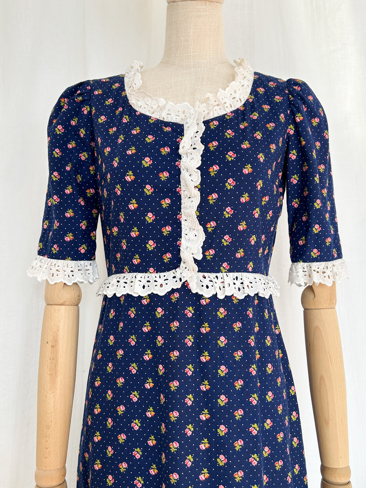Polly ~ Adorable 70s Polly Peck Navy Floral Cotton Prairie Dress