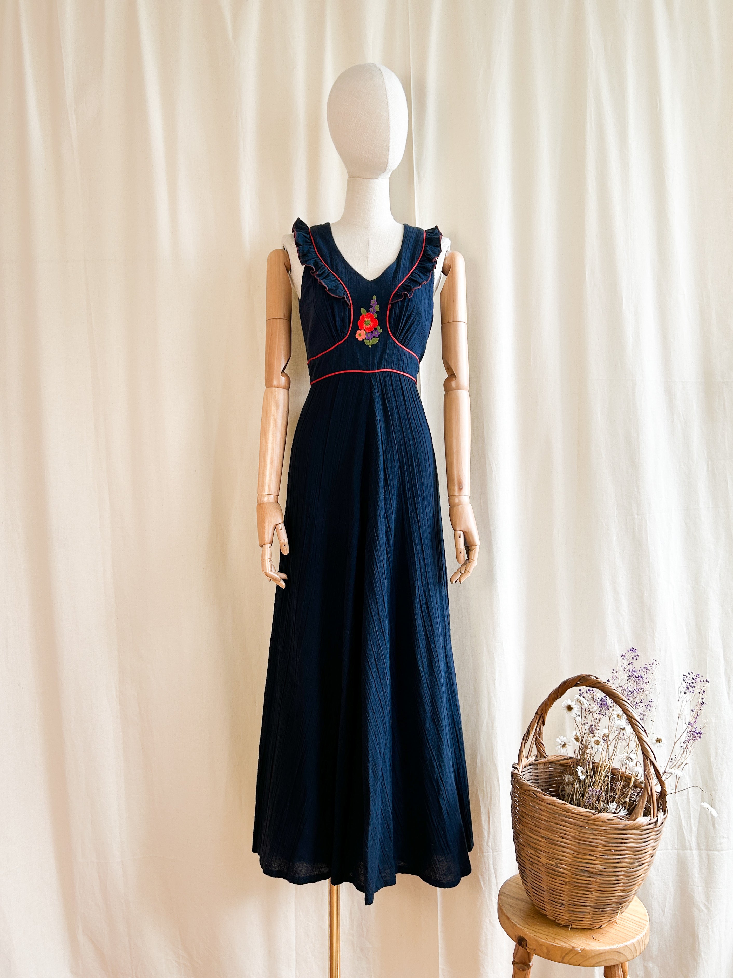 Sweet 1970s Red Bohemian Cheesecloth Maxi Dress