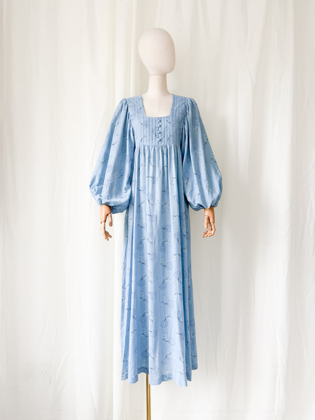 Divine Ethereal Rare 1970s Billowing Sleeve Blue Cotton Maxi Dress