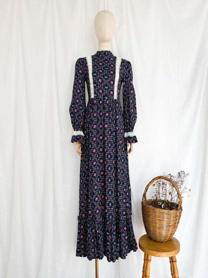 Daisy ~ Stunning Navy Floral Lace Detailed 70s Cotton Prairie Dress