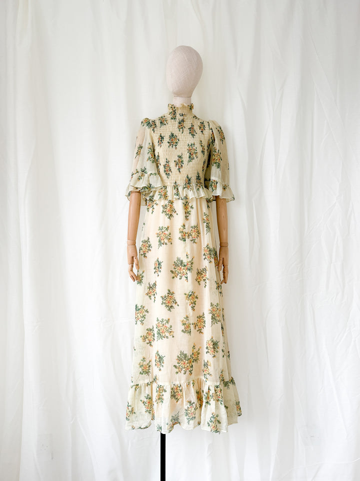 Gorgeous Rare 1970s Shirred Bodice Floral Cotton Maxi Dress