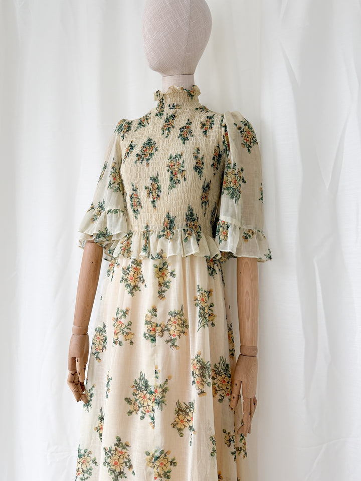 Gorgeous Rare 1970s Shirred Bodice Floral Cotton Maxi Dress