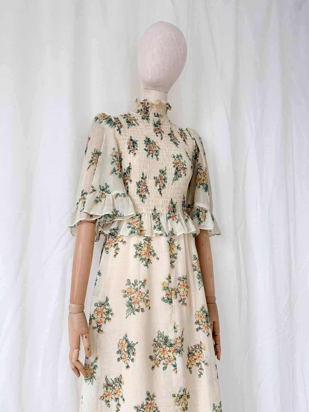 Gorgeous Rare 1970s Shirred Bodice Floral Cotton Maxi Dress