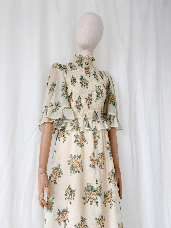 Gorgeous Rare 1970s Shirred Bodice Floral Cotton Maxi Dress