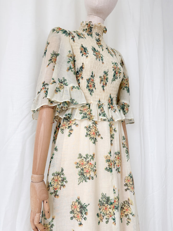 Gorgeous Rare 1970s Shirred Bodice Floral Cotton Maxi Dress