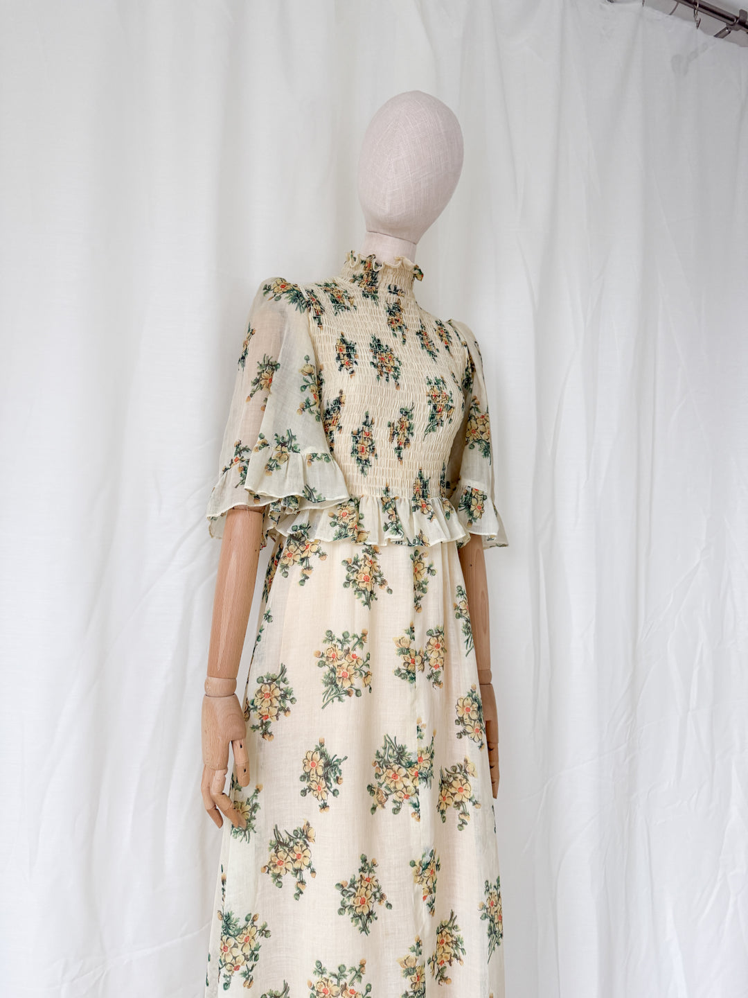Gorgeous Rare 1970s Shirred Bodice Floral Cotton Maxi Dress