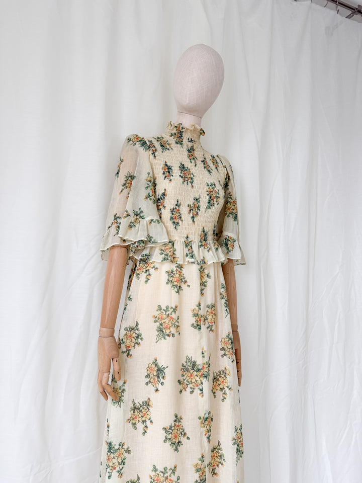 Gorgeous Rare 1970s Shirred Bodice Floral Cotton Maxi Dress