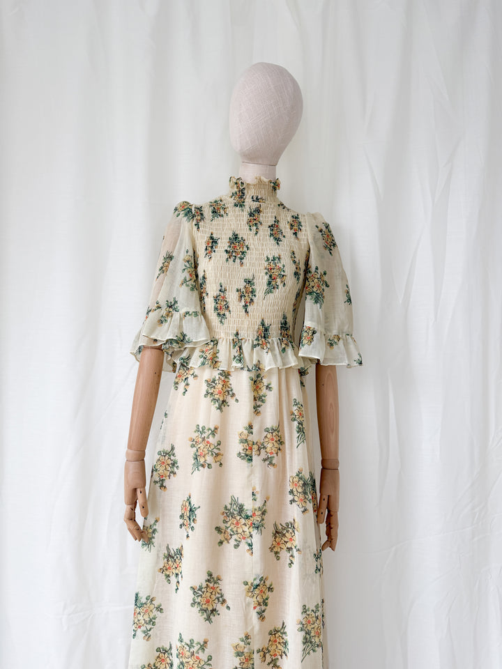 Gorgeous Rare 1970s Shirred Bodice Floral Cotton Maxi Dress