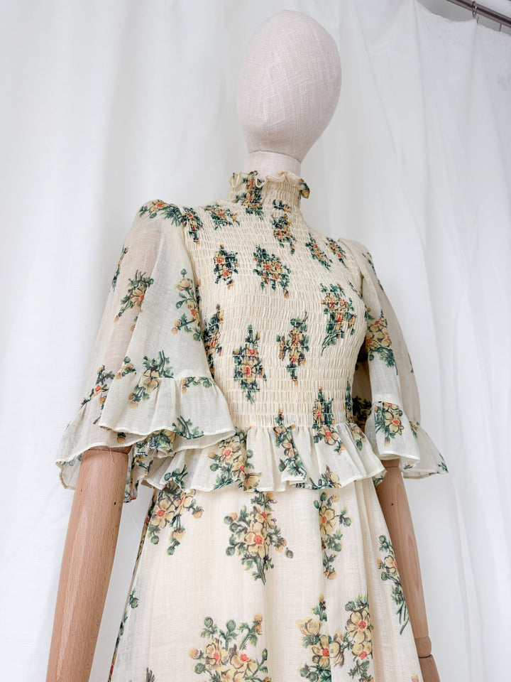 Gorgeous Rare 1970s Shirred Bodice Floral Cotton Maxi Dress