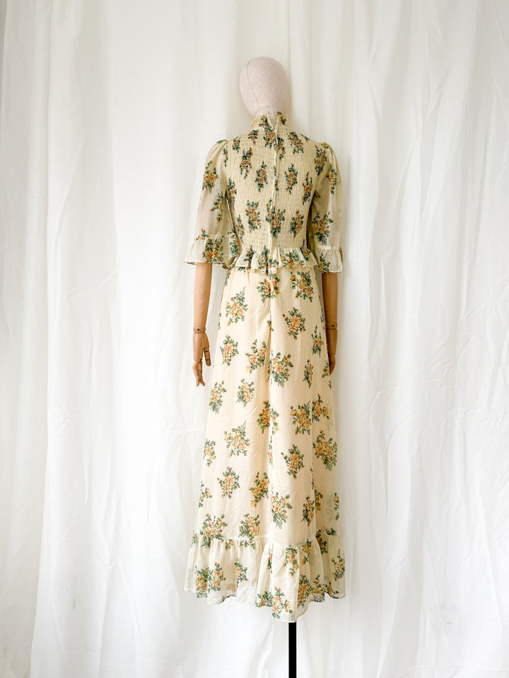 Gorgeous Rare 1970s Shirred Bodice Floral Cotton Maxi Dress