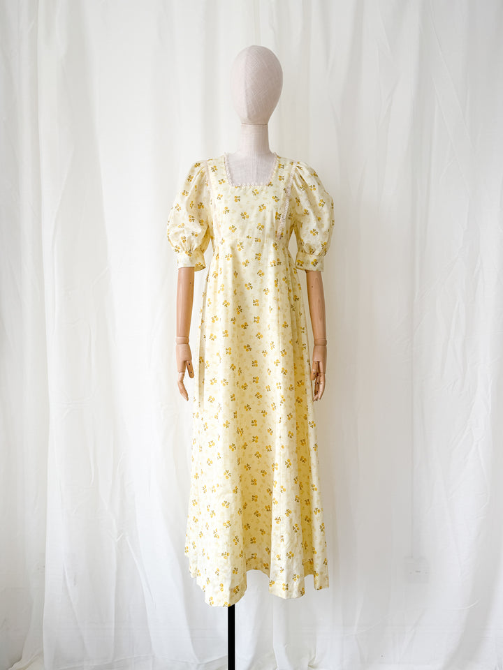 Stunning 1970s Lemon Cotton Puff Sleeve Floral Maxi Dress