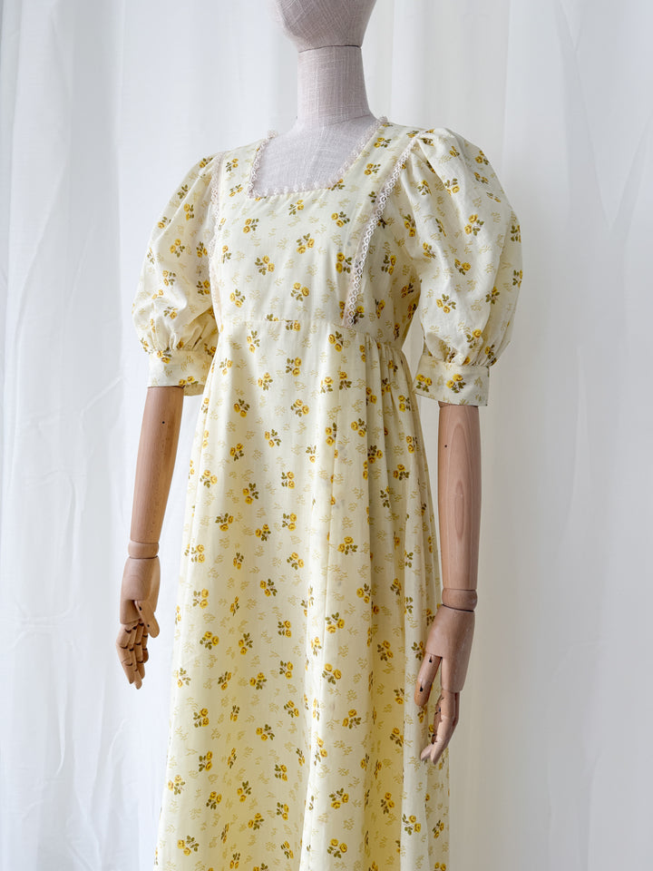 Stunning 1970s Lemon Cotton Puff Sleeve Floral Maxi Dress