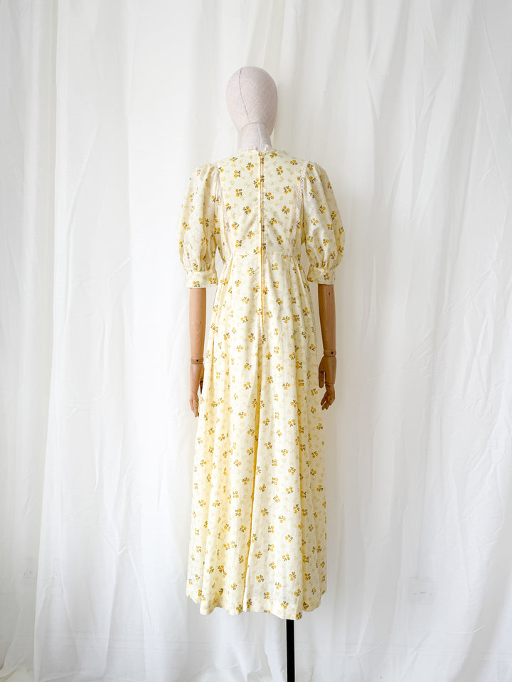 Stunning 1970s Lemon Cotton Puff Sleeve Floral Maxi Dress