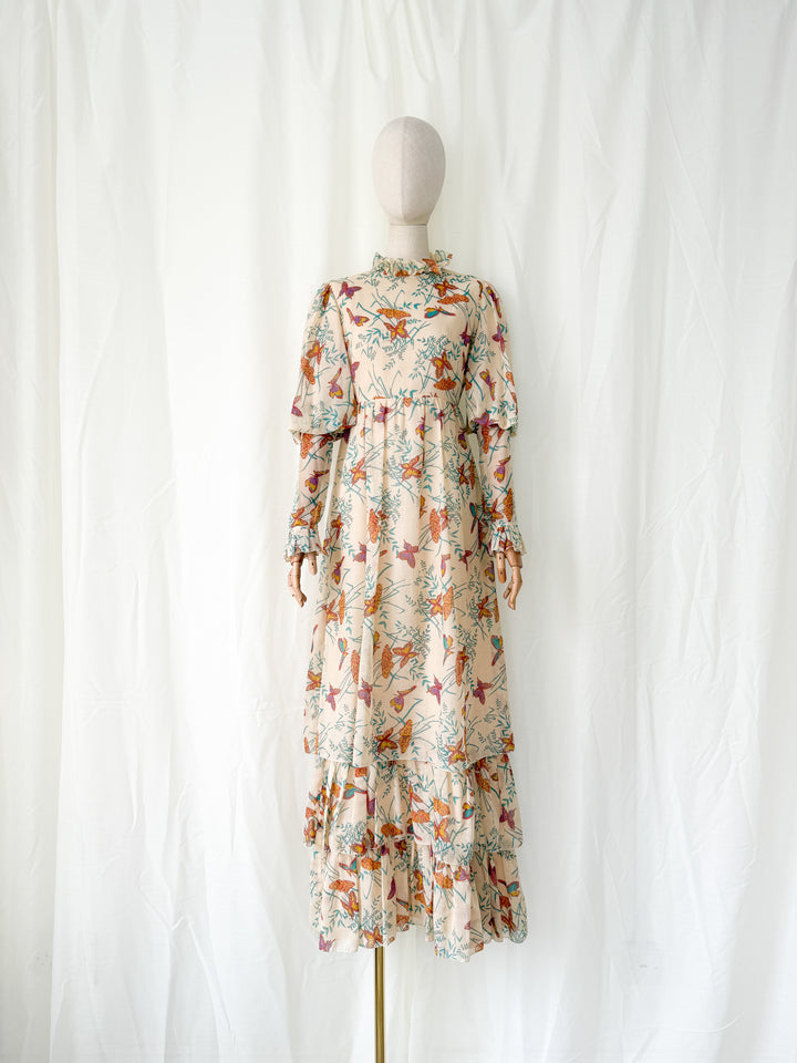 Beautiful Rare 1970s Butterfly Print Tiered Cotton Maxi Dress