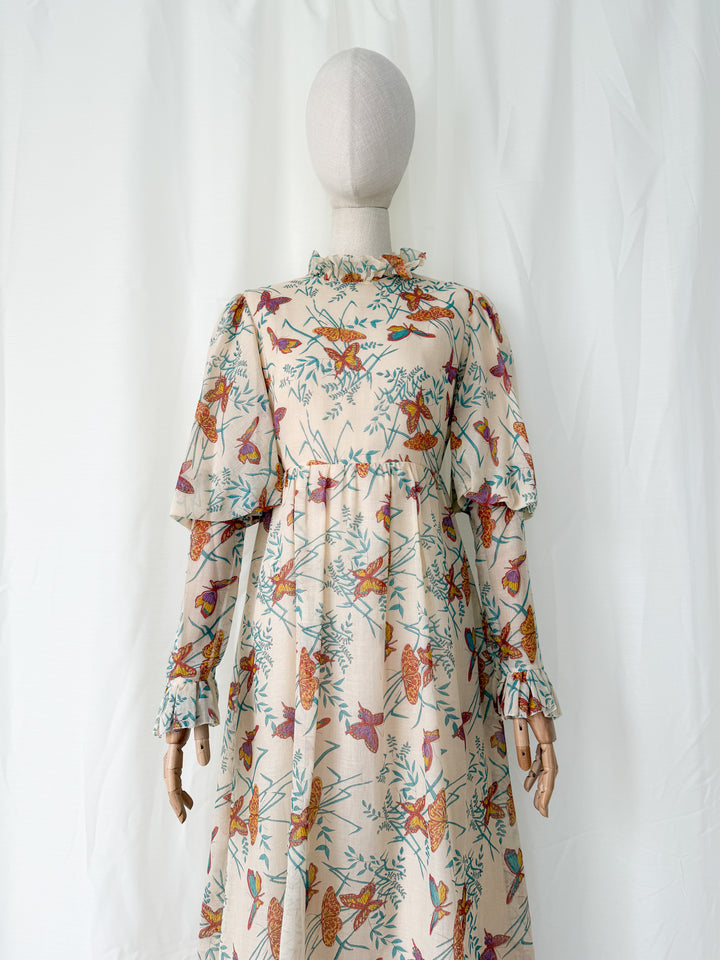 Beautiful Rare 1970s Butterfly Print Tiered Cotton Maxi Dress
