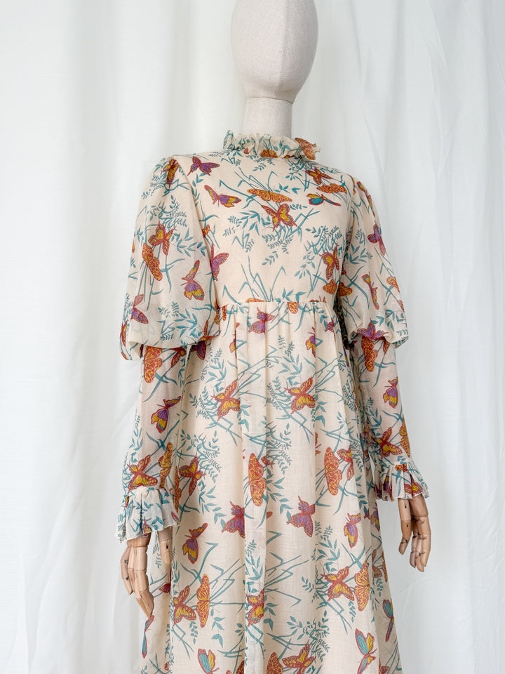 Beautiful Rare 1970s Butterfly Print Tiered Cotton Maxi Dress