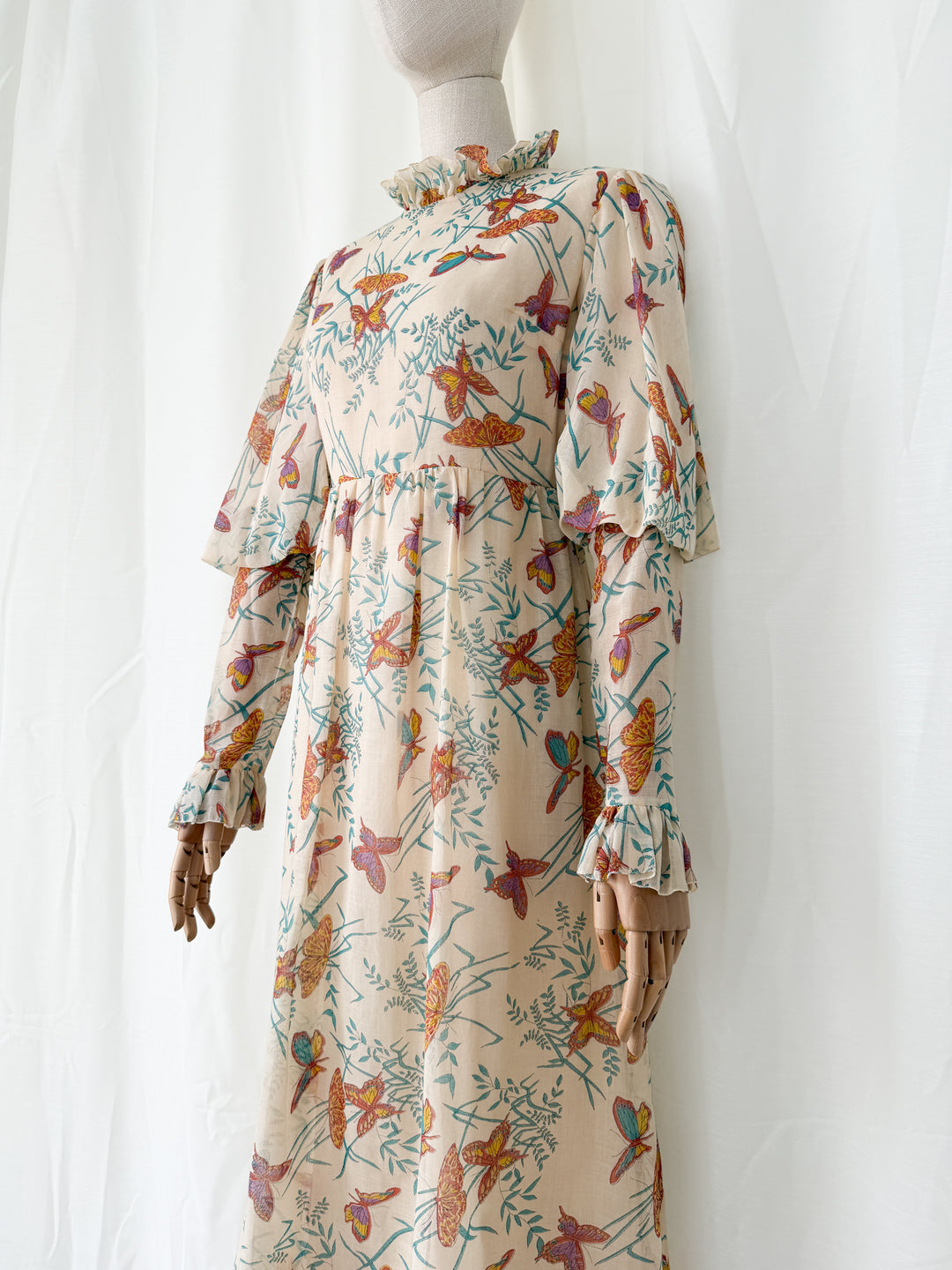 Beautiful Rare 1970s Butterfly Print Tiered Cotton Maxi Dress