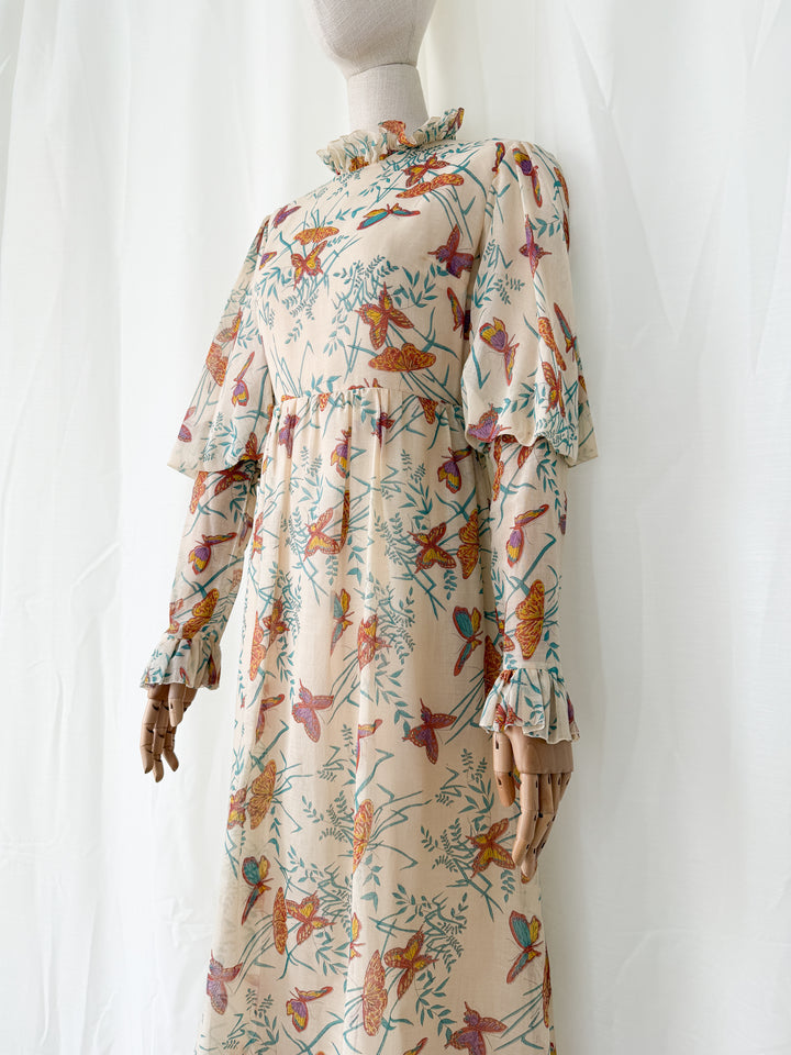 Beautiful Rare 1970s Butterfly Print Tiered Cotton Maxi Dress