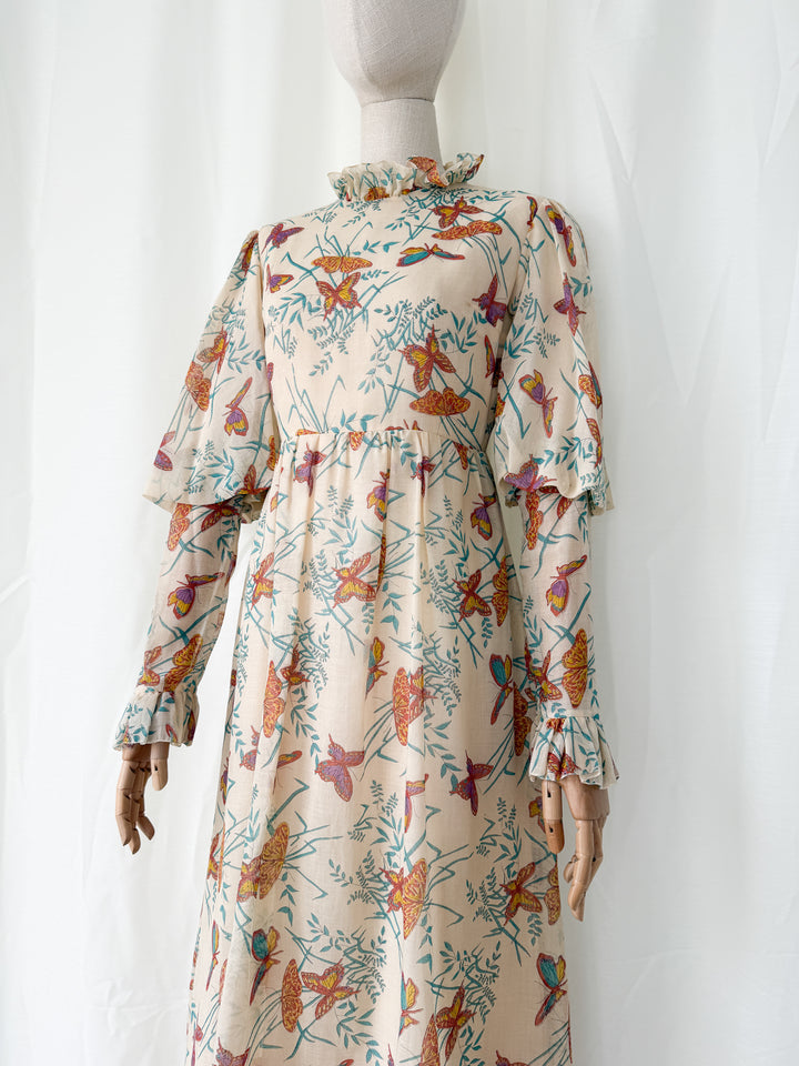 Beautiful Rare 1970s Butterfly Print Tiered Cotton Maxi Dress
