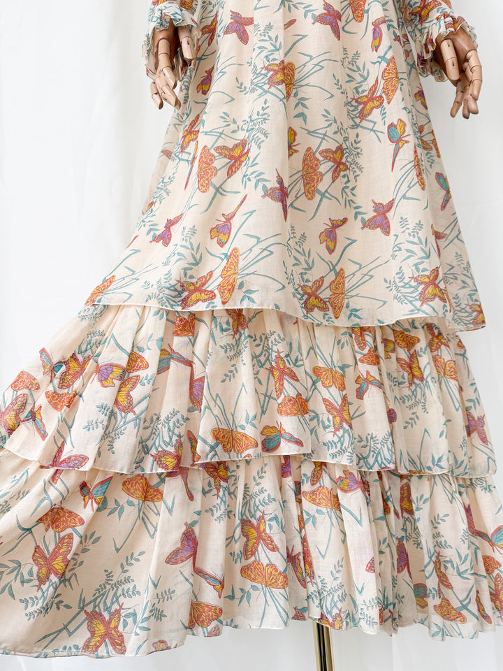 Beautiful Rare 1970s Butterfly Print Tiered Cotton Maxi Dress
