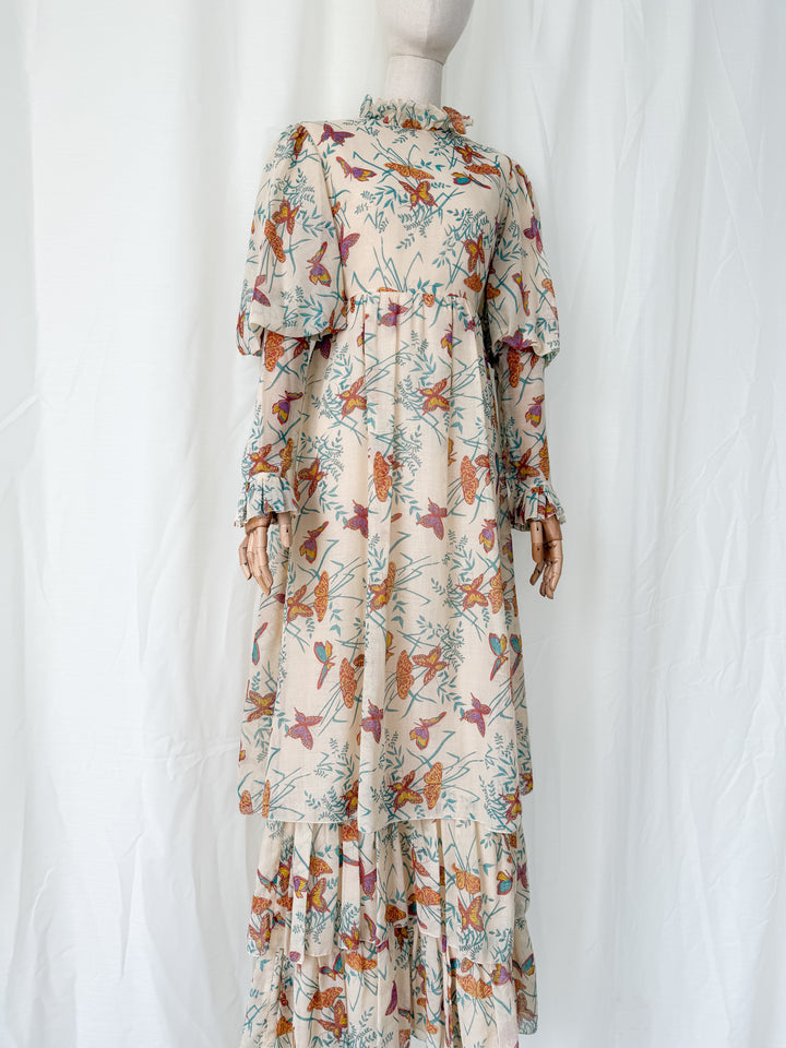 Beautiful Rare 1970s Butterfly Print Tiered Cotton Maxi Dress