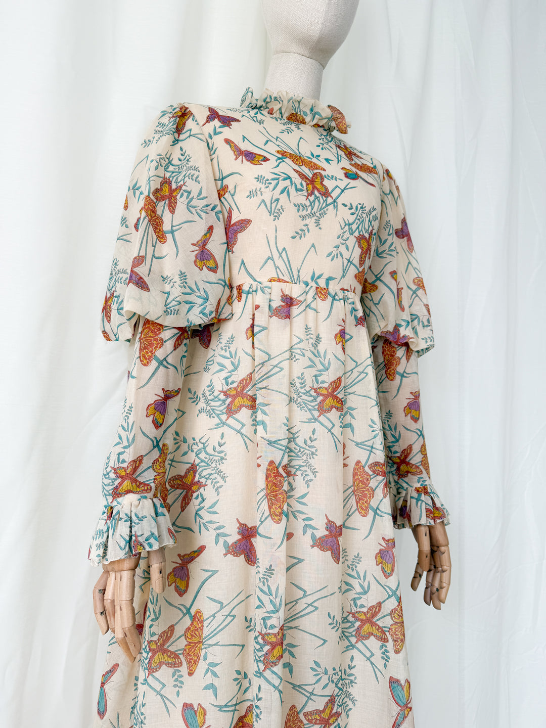 Beautiful Rare 1970s Butterfly Print Tiered Cotton Maxi Dress