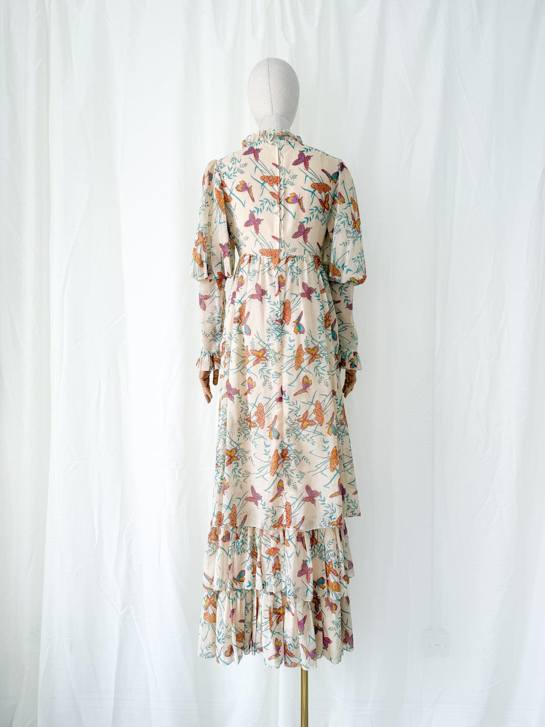 Beautiful Rare 1970s Butterfly Print Tiered Cotton Maxi Dress