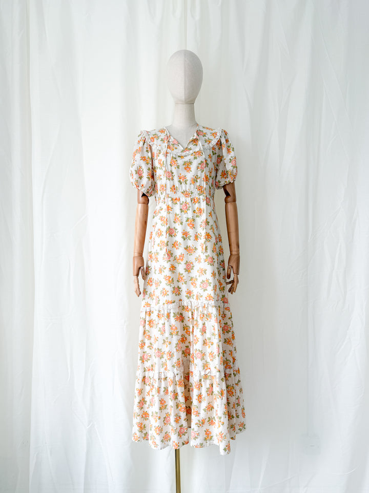 Gorgeous 1970s Raw Cotton Lace Trim Floral Maxi Dress