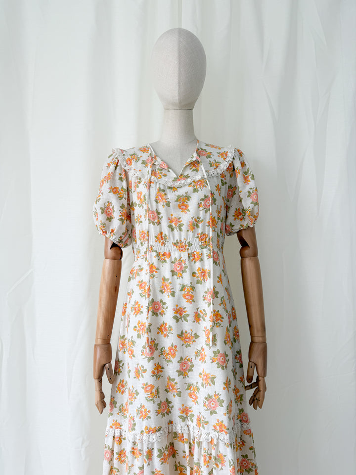 Gorgeous 1970s Raw Cotton Lace Trim Floral Maxi Dress