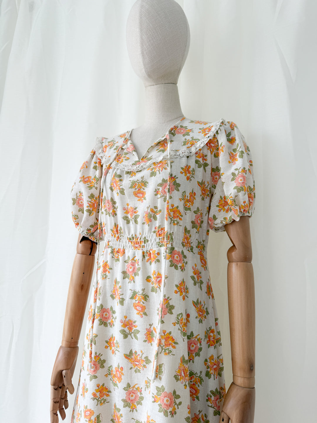 Gorgeous 1970s Raw Cotton Lace Trim Floral Maxi Dress