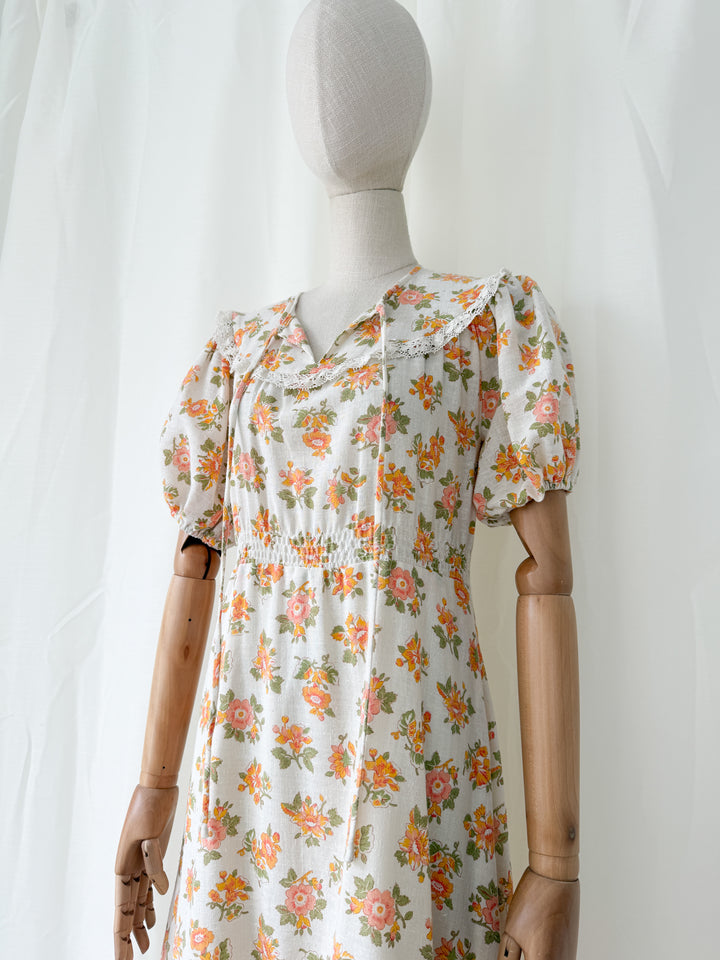 Gorgeous 1970s Raw Cotton Lace Trim Floral Maxi Dress