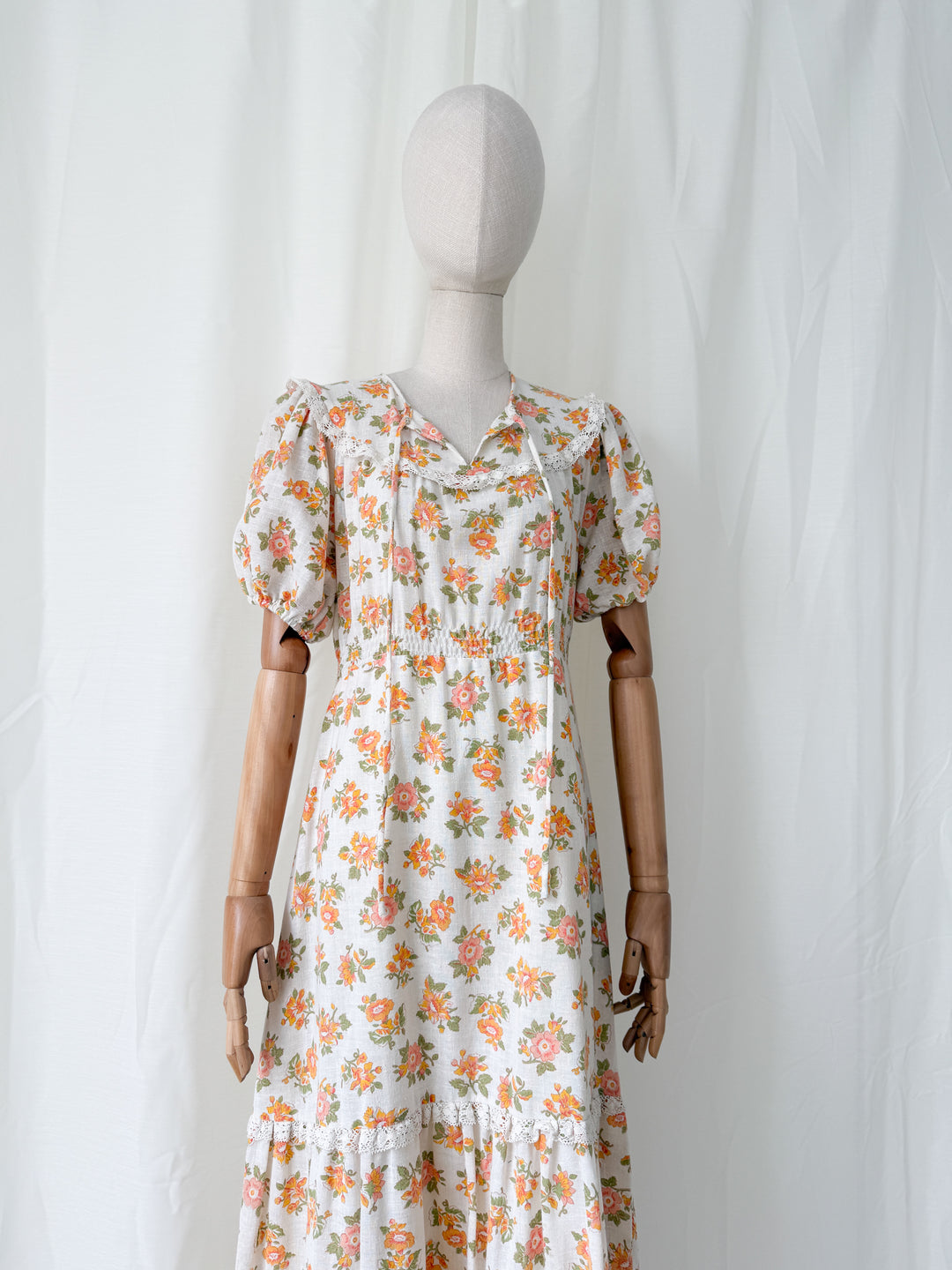 Gorgeous 1970s Raw Cotton Lace Trim Floral Maxi Dress