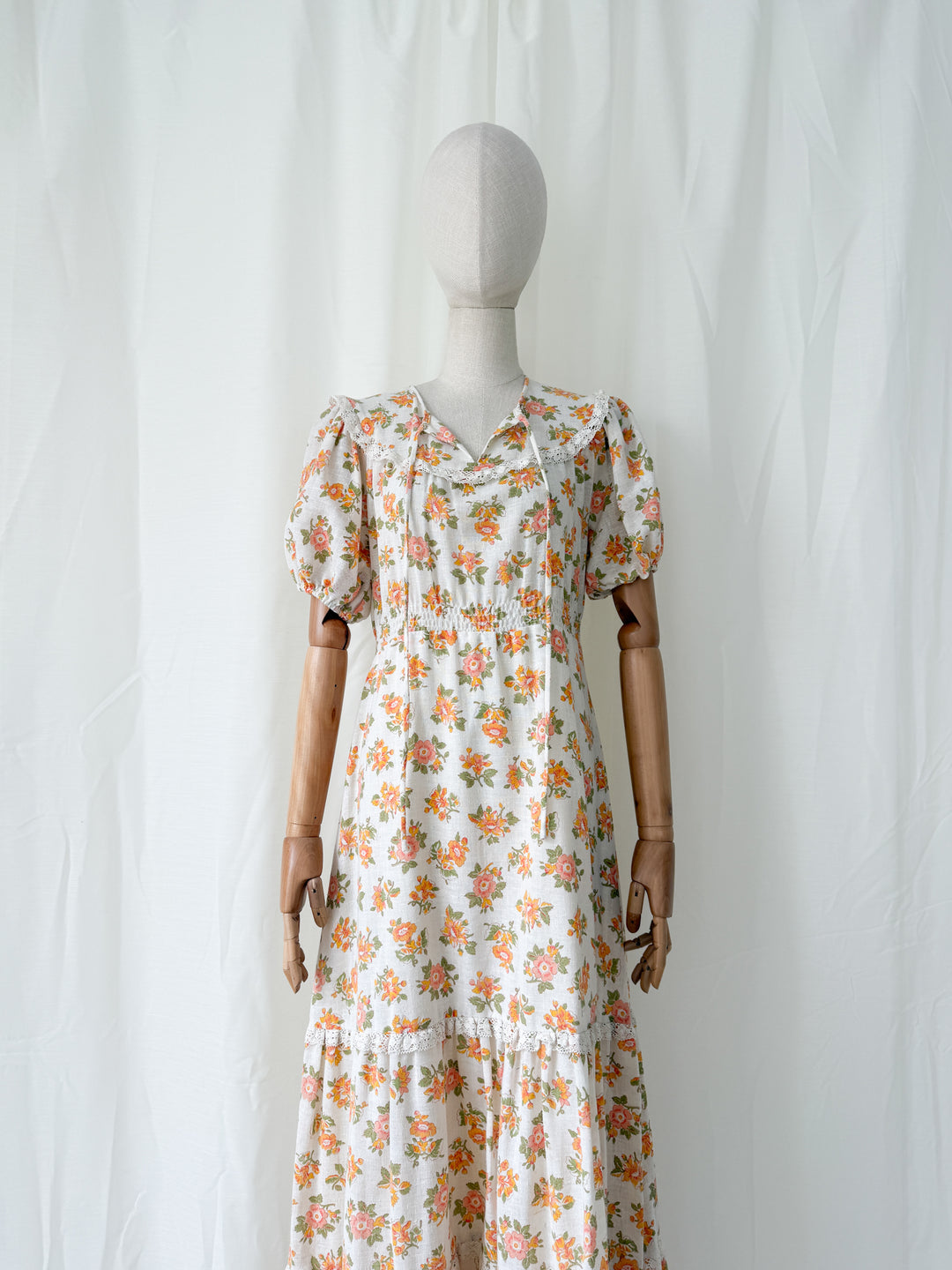 Gorgeous 1970s Raw Cotton Lace Trim Floral Maxi Dress