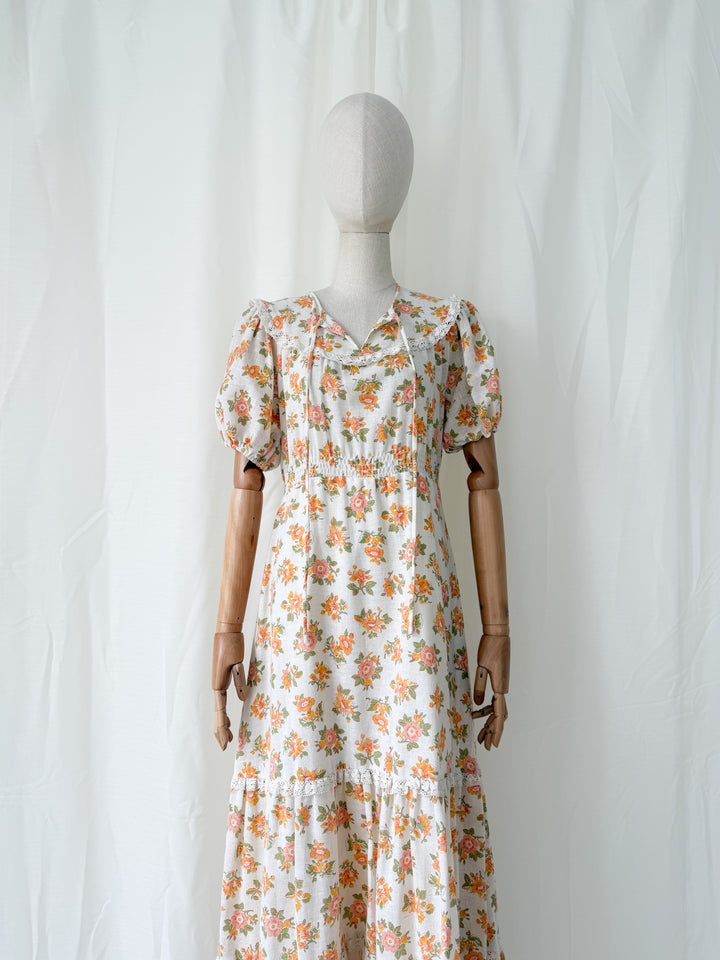 Gorgeous 1970s Raw Cotton Lace Trim Floral Maxi Dress