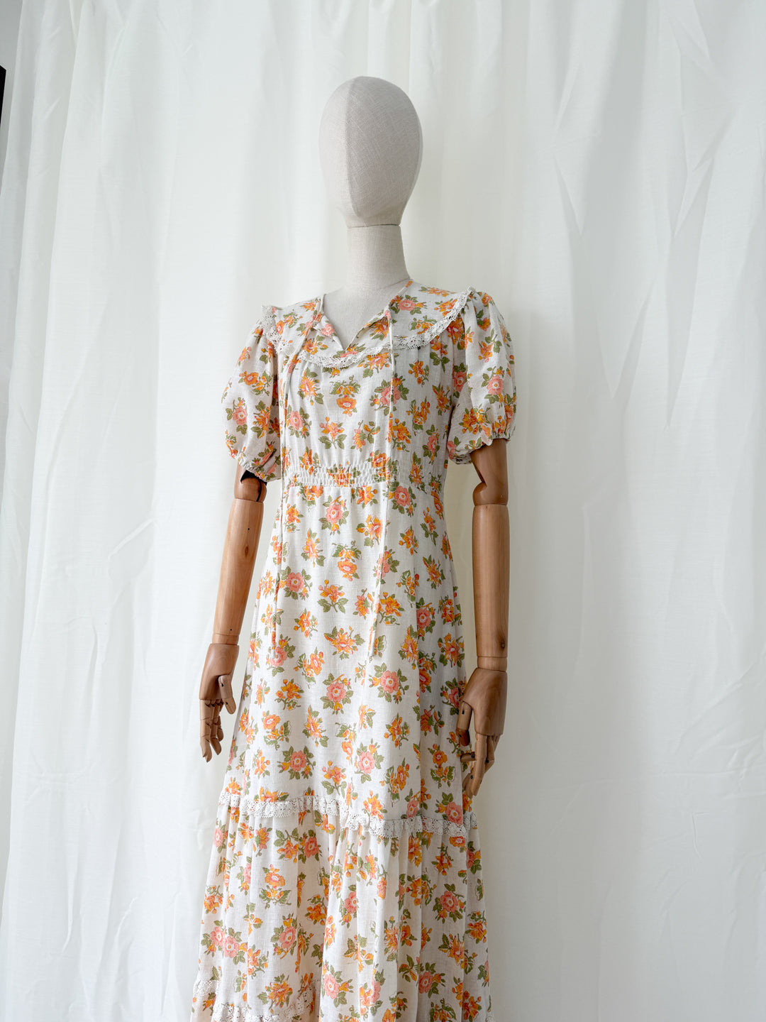Gorgeous 1970s Raw Cotton Lace Trim Floral Maxi Dress