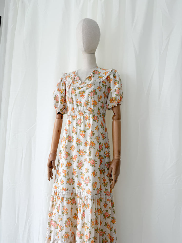 Gorgeous 1970s Raw Cotton Lace Trim Floral Maxi Dress