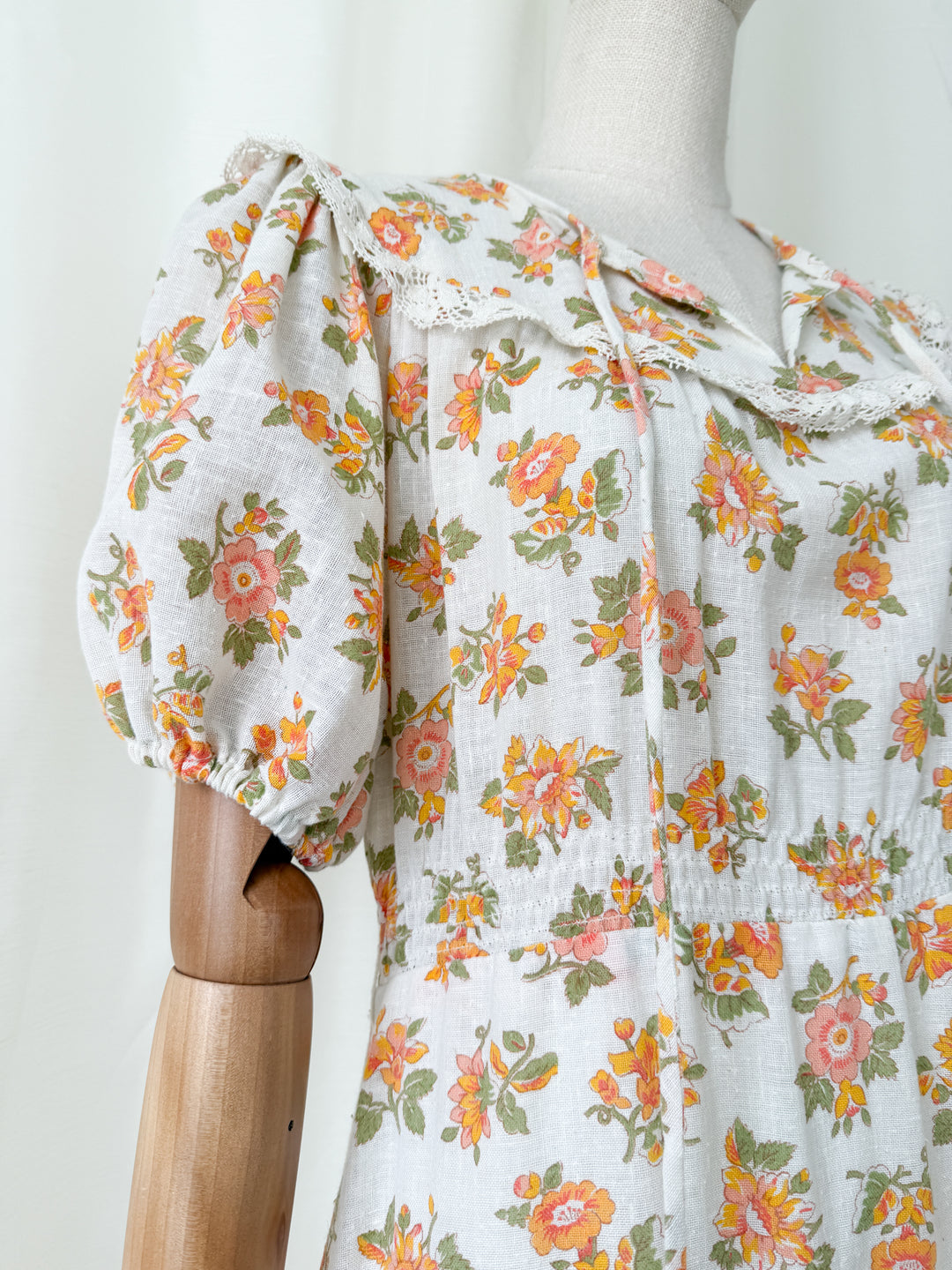 Gorgeous 1970s Raw Cotton Lace Trim Floral Maxi Dress