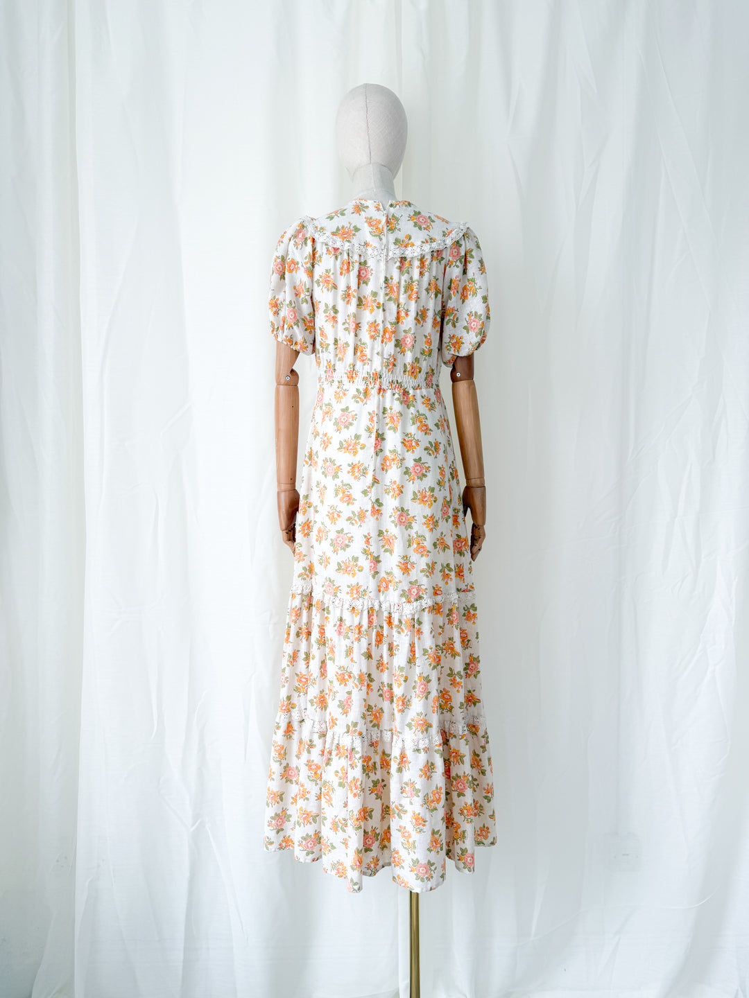 Gorgeous 1970s Raw Cotton Lace Trim Floral Maxi Dress