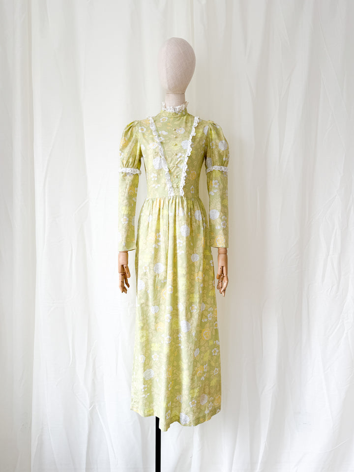 Beautiful Rare 1970s Spring Greens Dollyrockers Cotton Maxi Dress