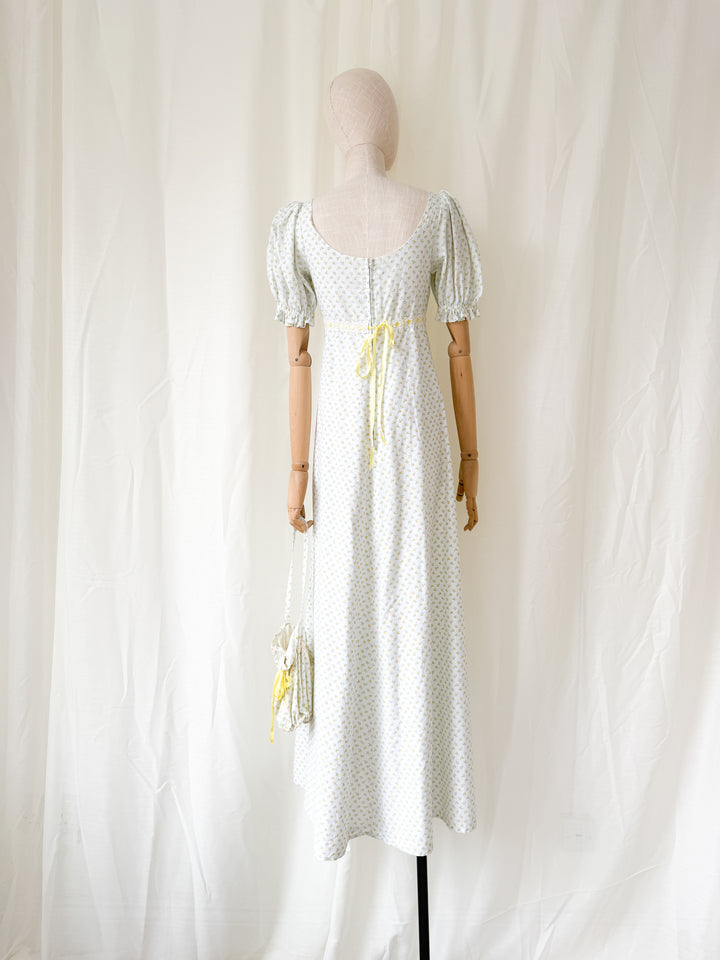 Dreamy Rare 1970s Floral Cotton Regency Dress
