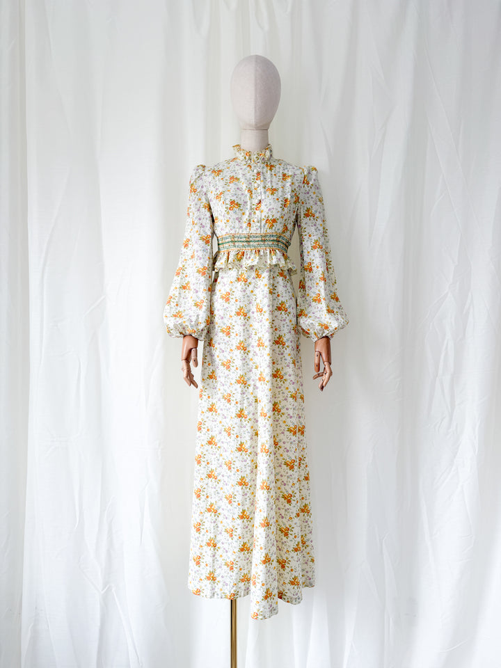 Insanely Beautiful Smocked Waist 1970s Floral Cotton Maxi Dress