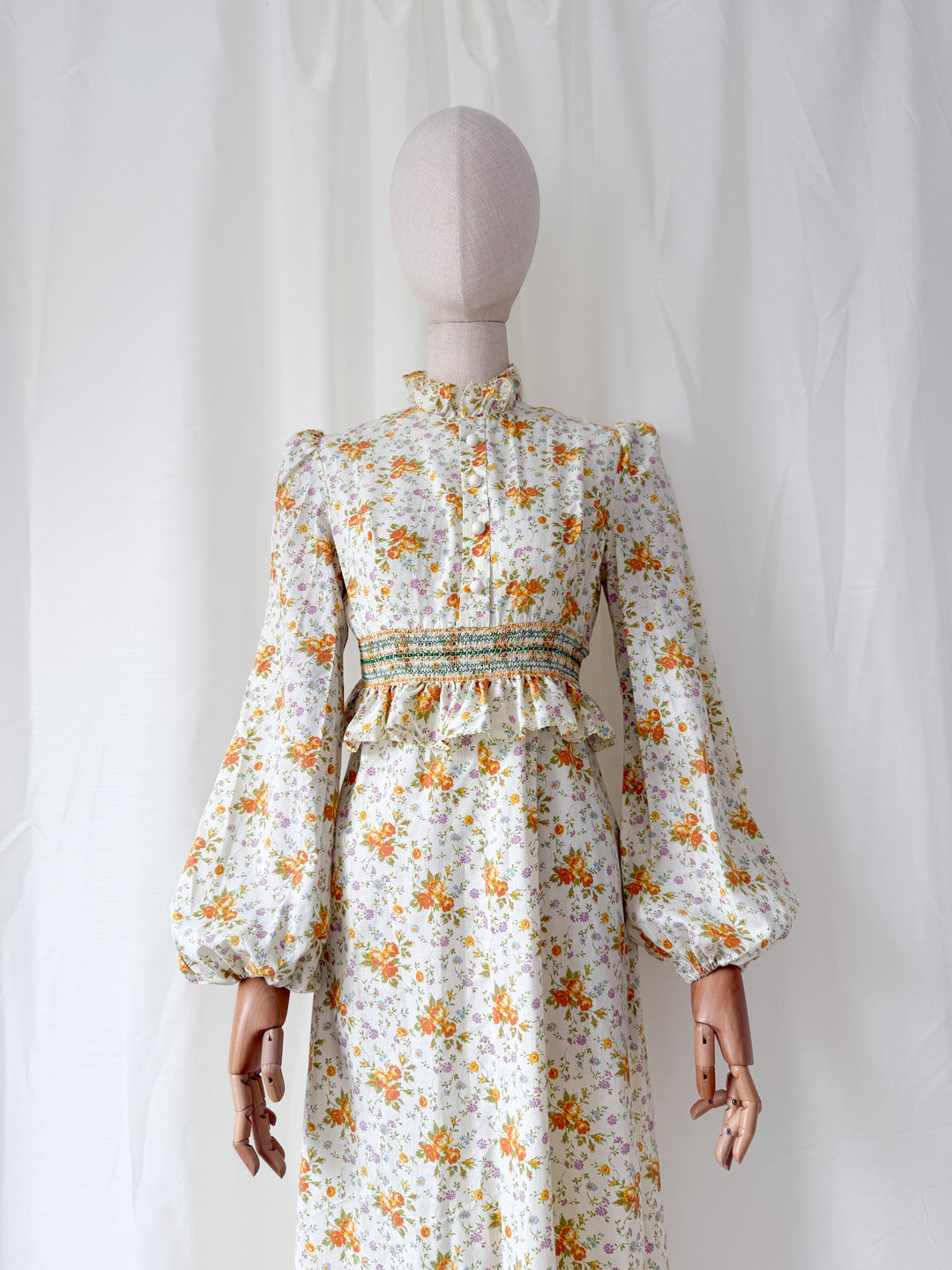Insanely Beautiful Smocked Waist 1970s Floral Cotton Maxi Dress