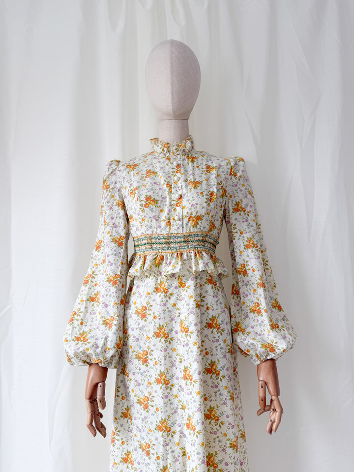 Insanely Beautiful Smocked Waist 1970s Floral Cotton Maxi Dress