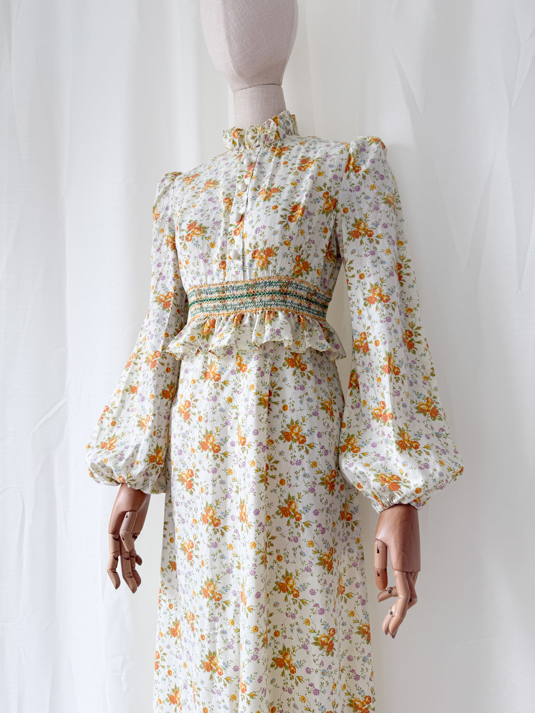 Insanely Beautiful Smocked Waist 1970s Floral Cotton Maxi Dress