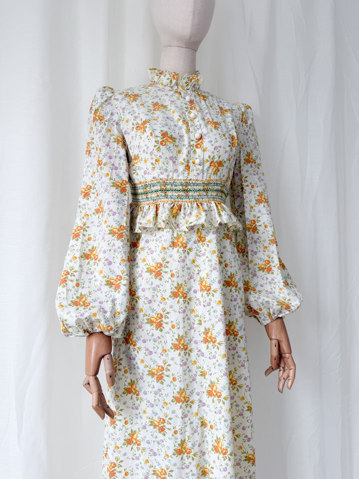 Insanely Beautiful Smocked Waist 1970s Floral Cotton Maxi Dress