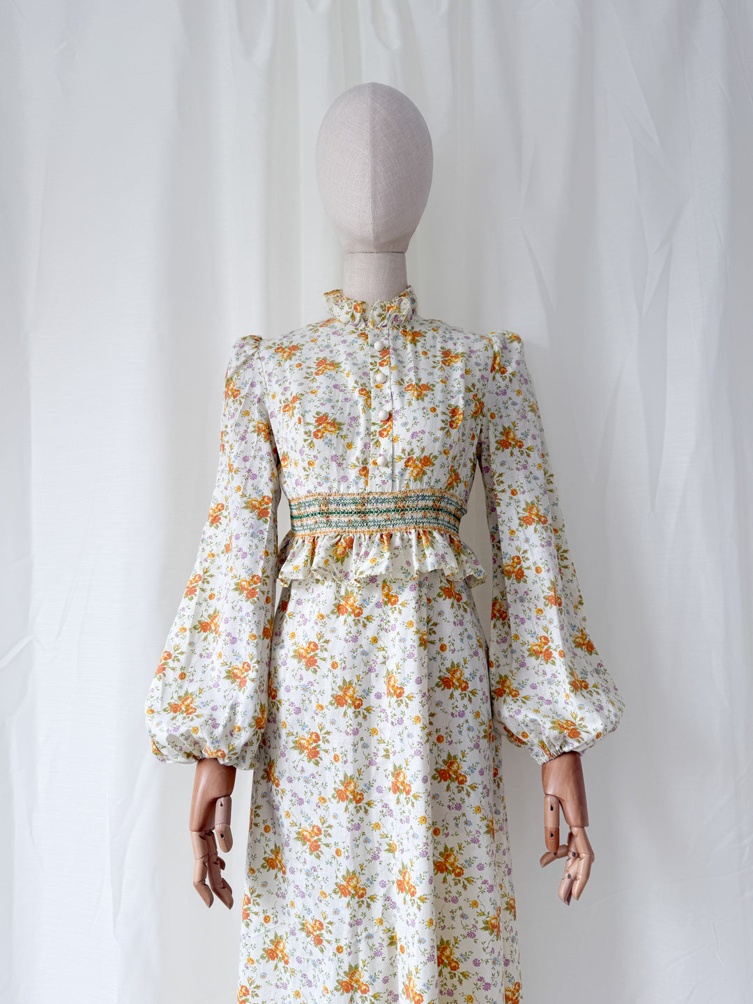 Insanely Beautiful Smocked Waist 1970s Floral Cotton Maxi Dress