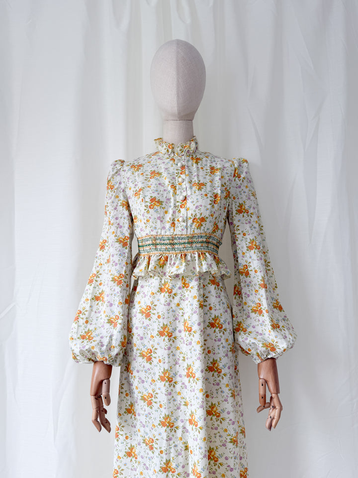Insanely Beautiful Smocked Waist 1970s Floral Cotton Maxi Dress
