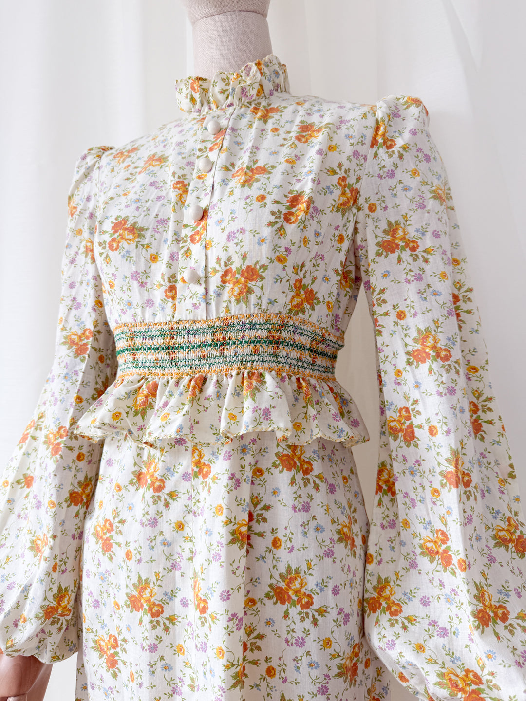 Insanely Beautiful Smocked Waist 1970s Floral Cotton Maxi Dress