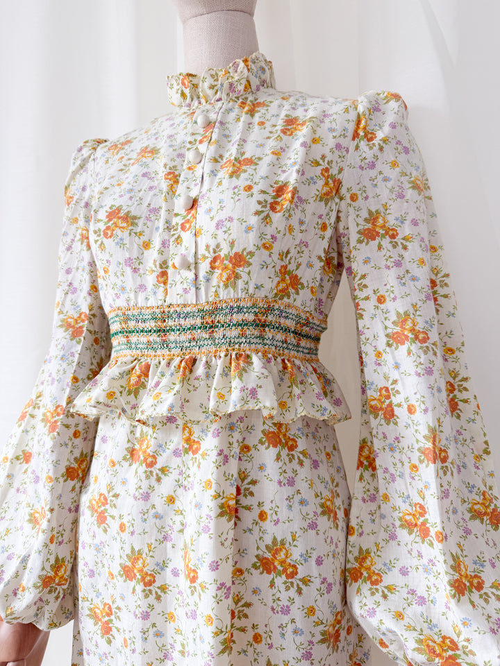 Insanely Beautiful Smocked Waist 1970s Floral Cotton Maxi Dress