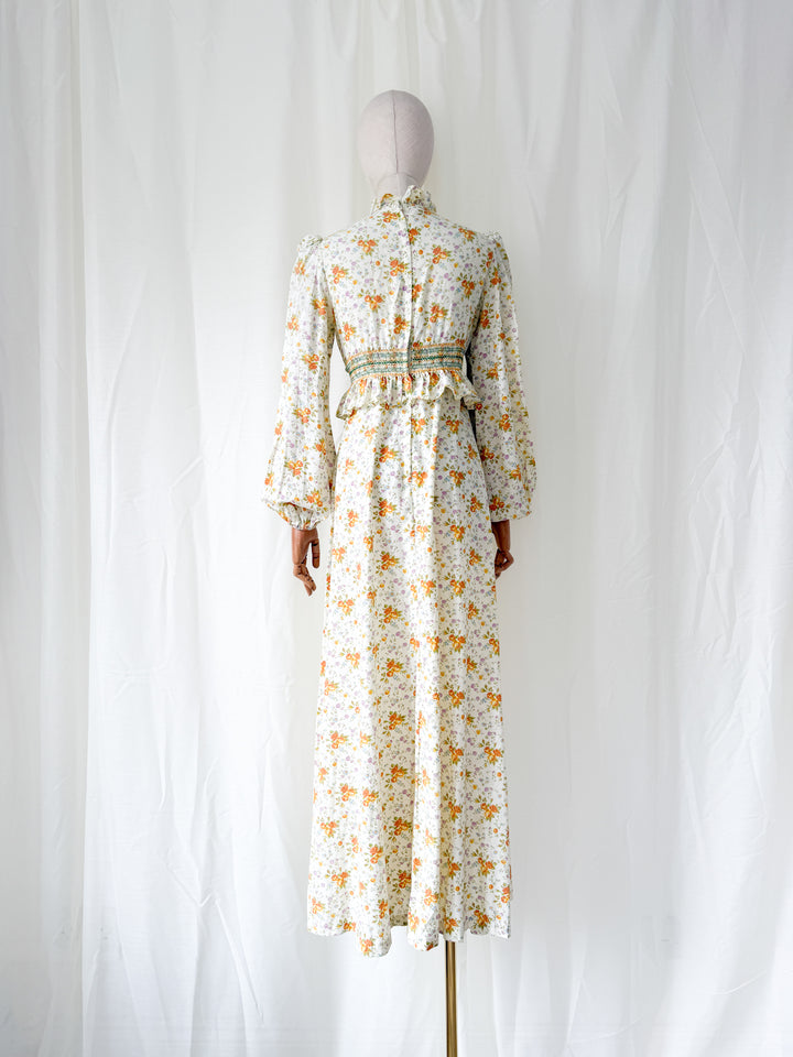 Insanely Beautiful Smocked Waist 1970s Floral Cotton Maxi Dress